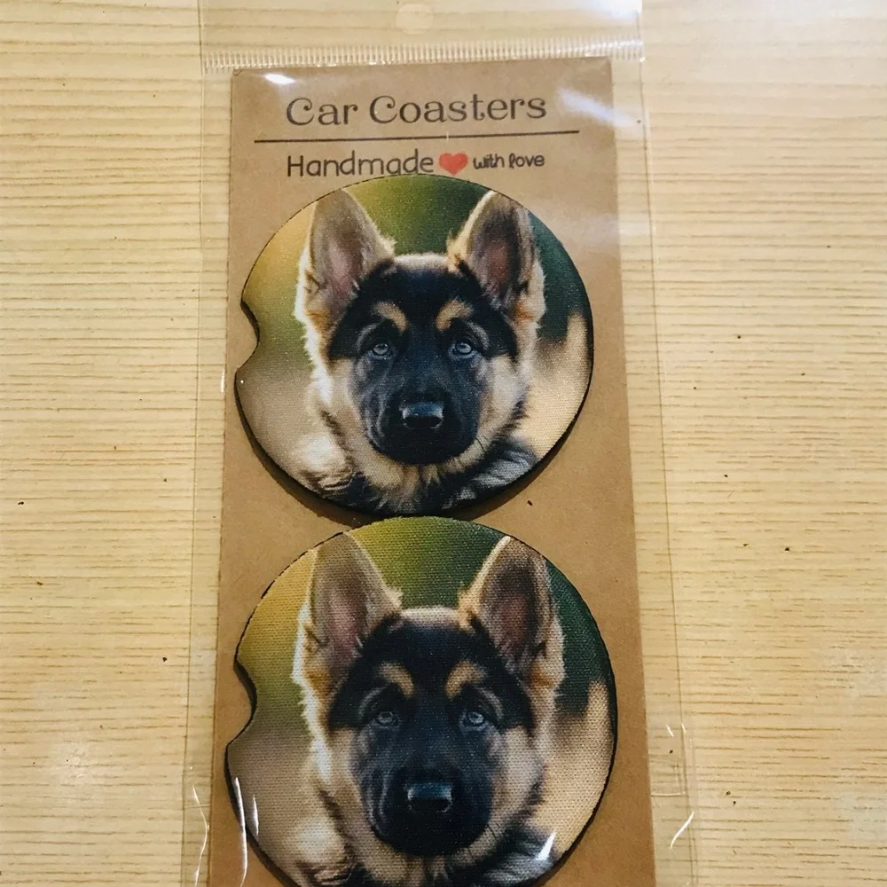 Handmade German Shepherd Puppy Neoprene Car Coasters Set